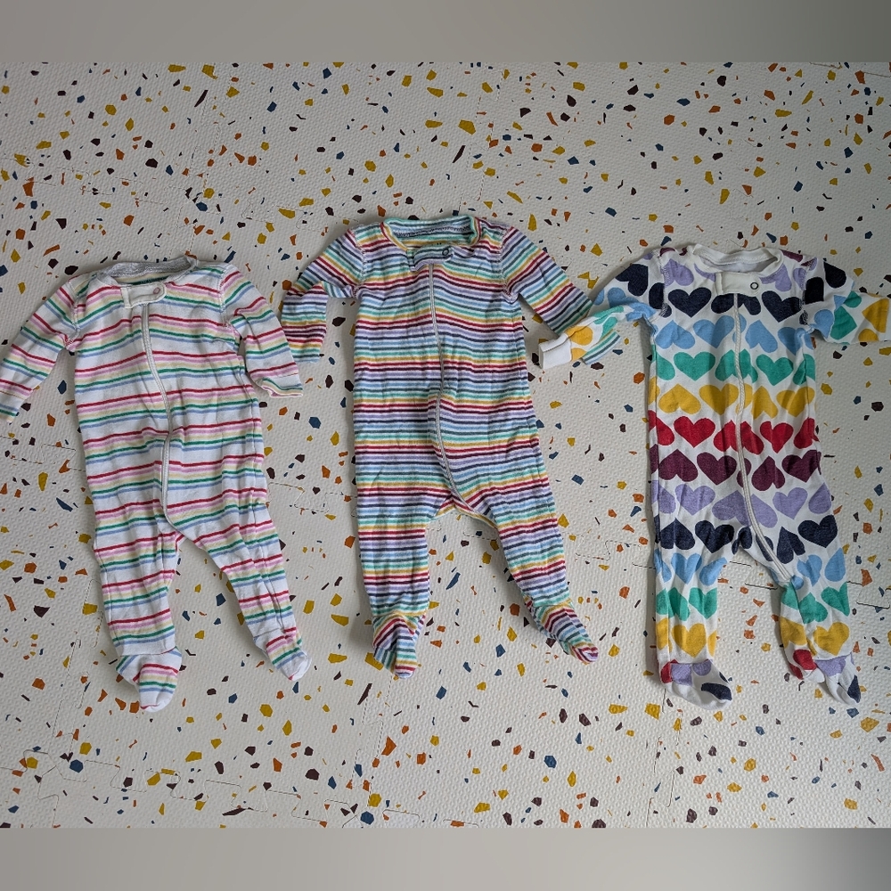 Primary' Rainbow Stripe & Heart Footed One-Pieces - Lot of 3
